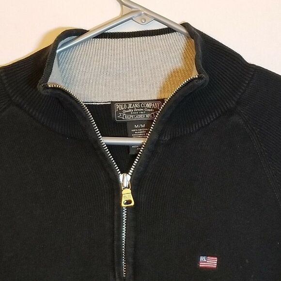 Polo Jeans Ralph Lauren Mens MEDIUM Black Pullover 1/4 Zip Ribbed Sweater - Picture 2 of 2